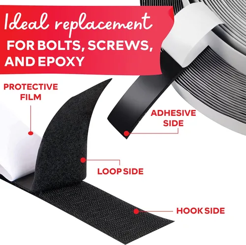 Vista 4 de Cinta de gancho y bucle, negro, tiras industriales de 1 pulgada x 10 pies con adhesivo resistente, rollo de gancho y bucle para interiores