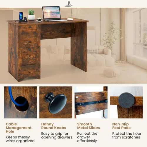 Vista 7 de Tangkula Escritorio para computadora con cajones y estación de carga, escritorio de madera para oficina en casa, escritorio para computadora Marrón