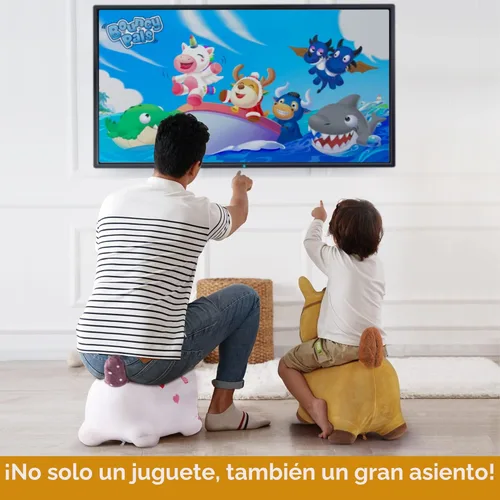 Vista 6 de Caballo saltarín iPlay, iLearn, caballo de juguete de felpa cubierta para montada de niños pequeños, con bomba (color amarillo)