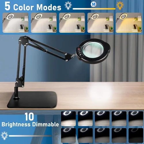 Vista 3 de lupa de 10 aumentos con luz y soporte, lámpara de escritorio LED con base y abrazadera, 5 modos de color, 10 niveles de atenuación, manos libres