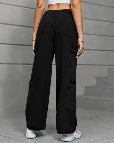 Vista 3 de Pantalones cargo para mujer, elásticos, de cintura alta, holgados, con bolsillo con solapa, rectos, casuales, Y2K.