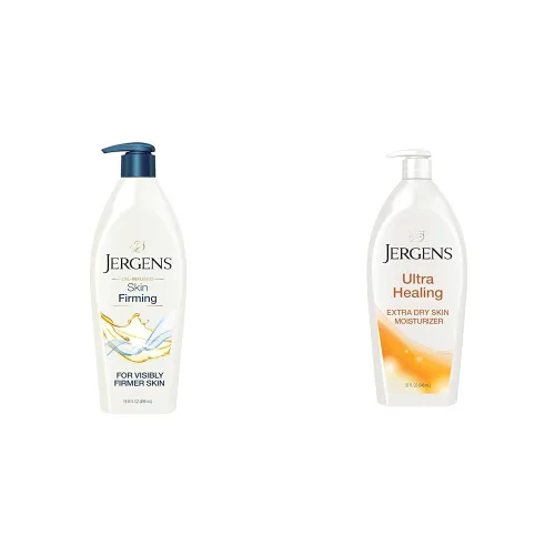 Jergens Loción corporal reafirmante para piel seca a extra seca, crema para tensar la piel y crema hidratante para piel seca ultra curativa, loción