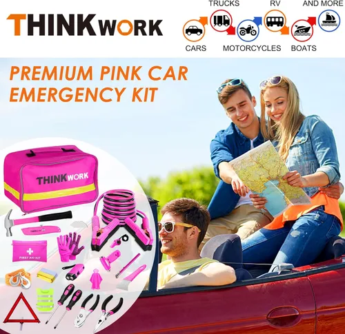 Vista 7 de THINKWORK - Kit de emergencia de coche para regalos de adolescentes y damas, kit de asistencia en carretera rosa con juego de herramientas