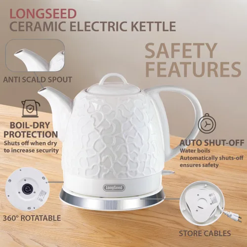 Vista 3 de Hervidor eléctrico de cerámica de 1.0 L (34 onzas), 1000 W de ebullición rápida, apagado automático y sin BPA, caldera de agua inalámbrica