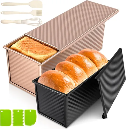 Vista 10 de Paquete de 2 moldes para pan con tapas – Capacidad de masa de 2.2 libras y 1 libra, moldes para pan de acero al carbono antiadherentes para pan