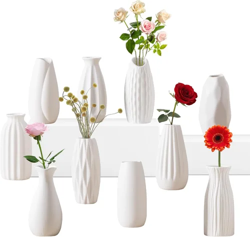 Juego de 10 jarrones de cerámica blanca de 5 pulgadas, pequeños jarrones a granel para flores, mini jarrones para centros de mesa, modernos para