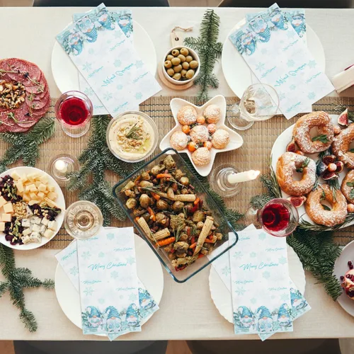 Vista 7 de 100 servilletas de papel de gnomo de Navidad, desechables, diseño de gnomo de Navidad, copos de nieve, servilletas de papel decorativo de Navidad