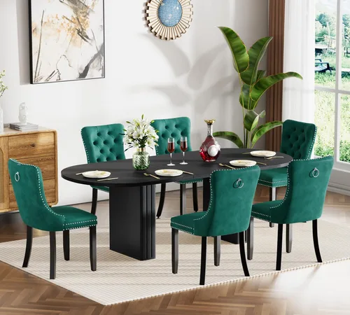 Vista 10 de Pvillez Extendable Dining Table Set of 8, Black Oval Dining Room Table & 8 Black Velvet Dining Chairs with Wood Leg, 62.99"-78.74" Kitchen Table and