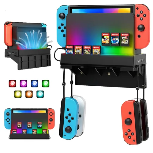 Switch Wall Mount for Nintendo Switch and Switch OLED,Game Holder Stand with RGB Light,Console Shelf for Charging Dock,7 Game Card,4 Controller