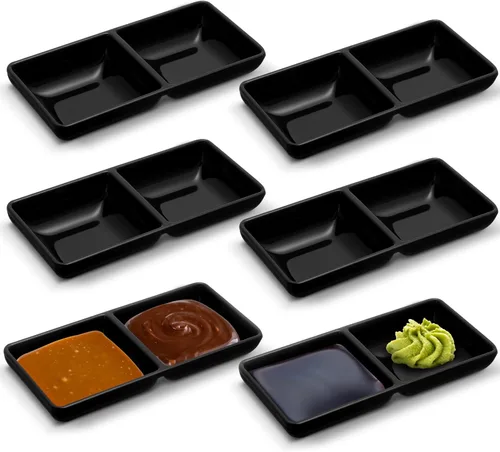 Gejoy 6 cuencos de salsa de inmersión dobles para salsa de soja, dos compartimentos, bandejas de fiesta, platos divididos para fondue para Negro