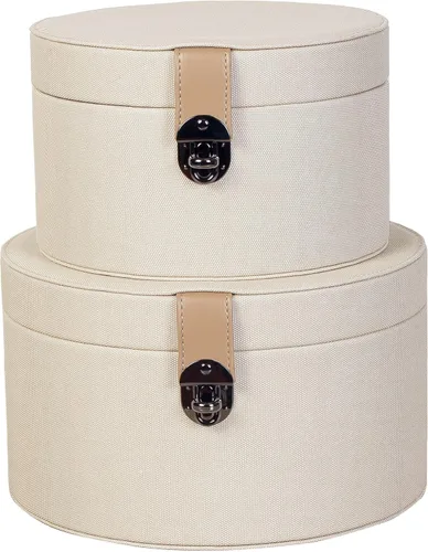 Vista 10 de Juego de 2 cajas decorativas redondas de cuero artificial azul con hebilla decorativa negra para decoración del hogar