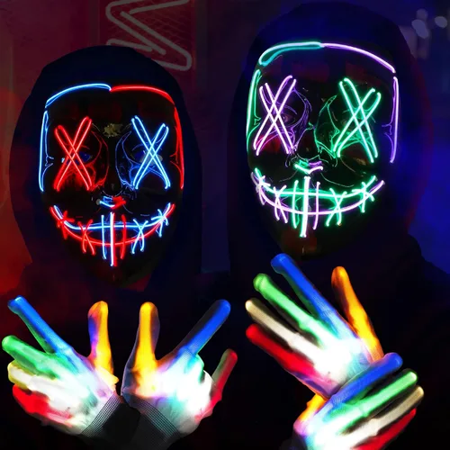 Zpisf Paquete de 2 máscaras de purga de Halloween, máscaras iluminadas aterradoras y 2 pares de guantes LED para disfraces de pareja de Halloween