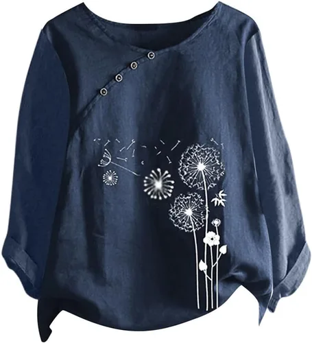 Vista 3 de Stessotudo Camisas de lino de talla grande para mujer, manga larga, estampado de diente de león, blusas sueltas con cuello redondo, blusas casuales