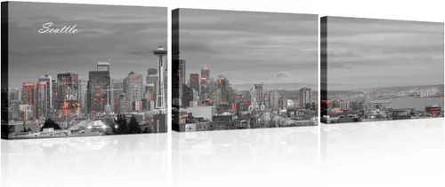 Vista 34 de 3 paneles de Atlanta Skyline vista de la ciudad en blanco y negro, imágenes panorámicas de edificio de ciudad, decoración de pared para sala