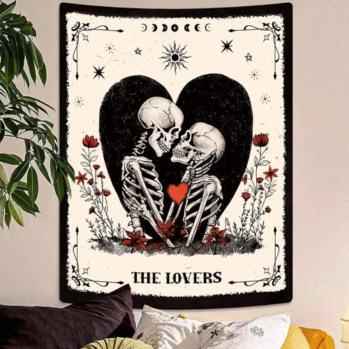 Vista 4 de ARTCREATOR The Lovers - Tapiz de calavera para colgar en la pared, tapiz de esqueleto blanco y negro, decoración de pared gótica vertical de bruja