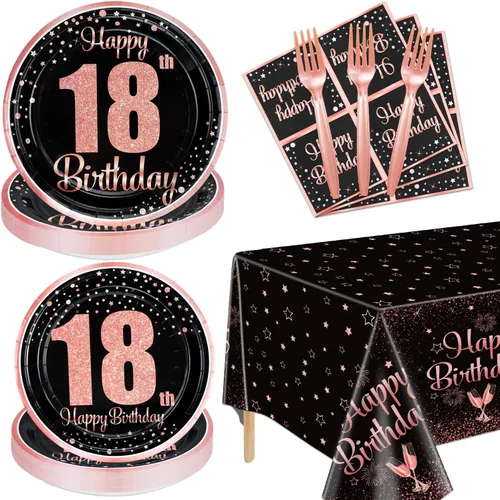 Decoraciones de cumpleaños número 18 en negro y oro rosa para niños y niñas - 81 piezas de platos, servilletas, mantel de 18, tenedores para