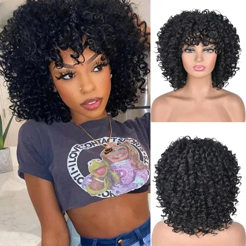 Vista 11 de Pelucas Afro Cortas Rizadas Grises para Mujeres Negras, Peluca Rizada Gris Degradado con Flequillo Cabello Sintético Resistente al Calor para Uso
