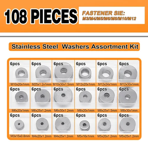 Vista 2 de Kit de surtido de arandelas planas de acero inoxidable de 108 piezas, 18 tamaños, juego de arandelas de tornillo de metal para pernos, industrial