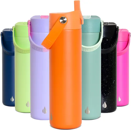 Vista 22 de Elemental Botella de agua aislada de 24 onzas con popote, botellas de agua con núcleo de acero inoxidable 100% a prueba de fugas para viajes, Marrón