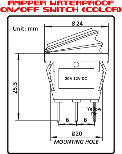 Vista 2 de Ampper - Interruptores basculantes redondos impermeables de 12 V y 20 A, CC de 3 pines, 0.787 in, iluminados en apagado, con cables y terminales Rojo