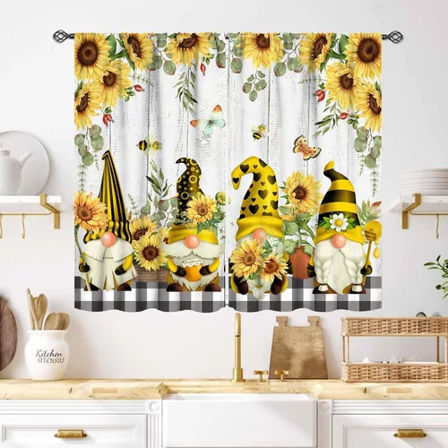 Vista 29 de Cortinas rústicas de cocina de girasol, tablón de madera de campo de campo amarillo, floral, abeja, libélula mariposa, retro, casa rural, Girasol-11
