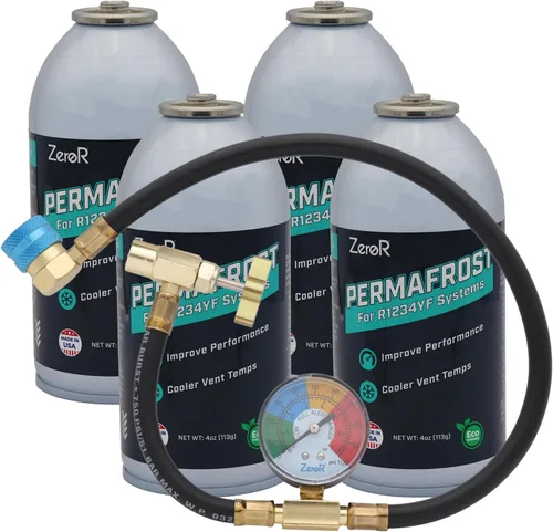 Vista 4 de ZeroR® Permafrost para sistemas AC R1234YF Potenciador de rendimiento 5 latas + manómetro de tapa de lata HD de 24