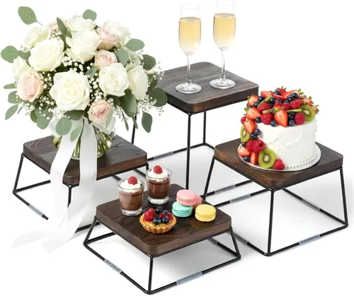 MyGift Juego de exhibición de mesa de postre, 4 elevadores de alimentos, elevadores de bufé de madera marrón, soporte para pizza con base de alambre