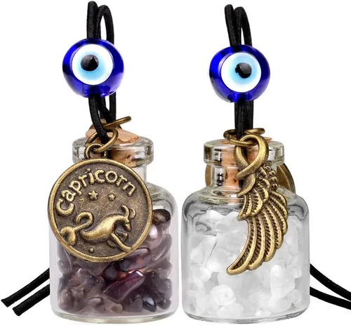 Vista 9 de Zodiac Birthstone Car Charms for Rearview Mirror Hanging - Two Gemstone Good Luck Bottles with Evil Eye Protection Bead and Guardian Angel Wing