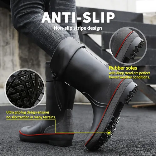 Vista 3 de HSBDNZQ Botas de lluvia para hombre, botas de goma impermeables para hombre con diseño único de PVC, cómodas y ligeras, botas de jardín resistentes