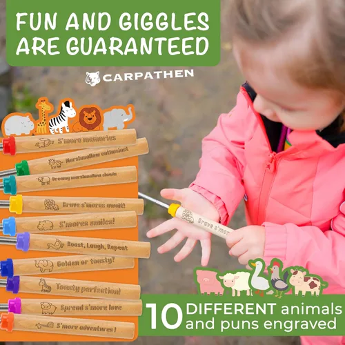 Vista 3 de CARPATHEN Juego de 10 palitos para asar malvaviscos con asas bellamente grabadas, perfectas como regalo, brochetas telescópicas de acero inoxidable