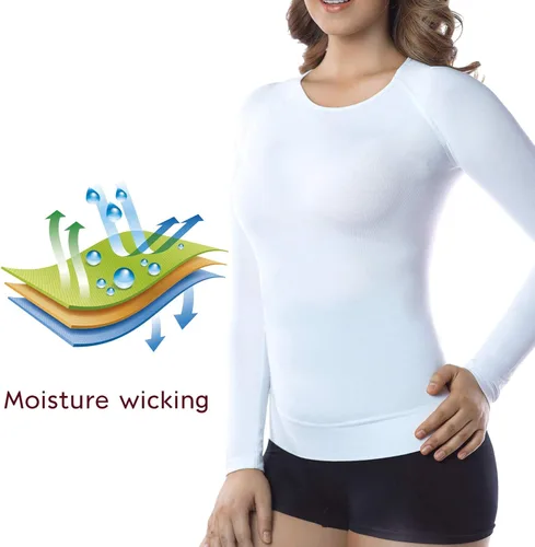 Vista 2 de +MD Camisetas de bambú para mujer para cintura y busto de manga larga, ropa interior térmica con cuello redondo