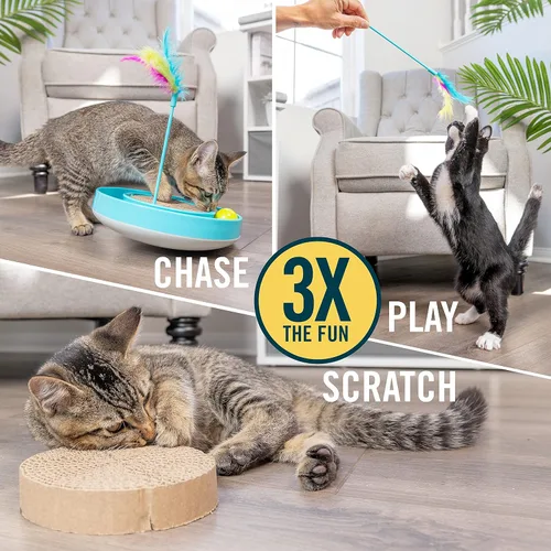 Vista 3 de OurPets - Juguete para gatos Wobble Scratch Track - Juguetes interactivos para gatos de interior con pista de bolas que rueda; varita de plumas
