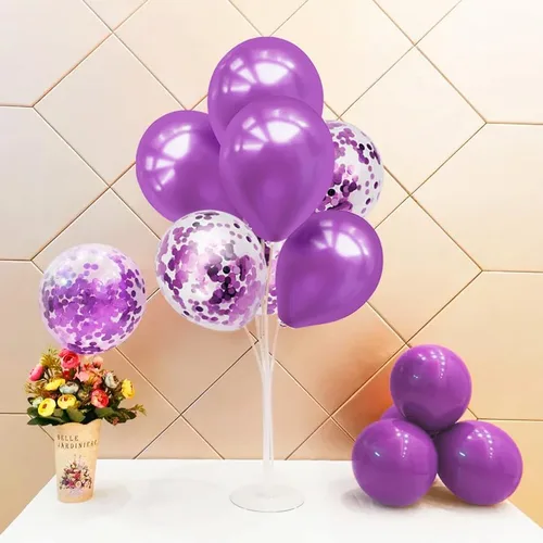 Vista 4 de Juego de 4 soportes para globos morados, centros de mesa morados, decoraciones de fiesta moradas para cumpleaños, despedida de soltera, boda
