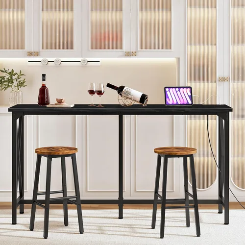 Vista 11 de CHOEZON Mesa de bar de 55 pulgadas, mesa de comedor de cocina con toma de corriente y reposapiés, estilo industrial, para pub, sala de estar, marrón