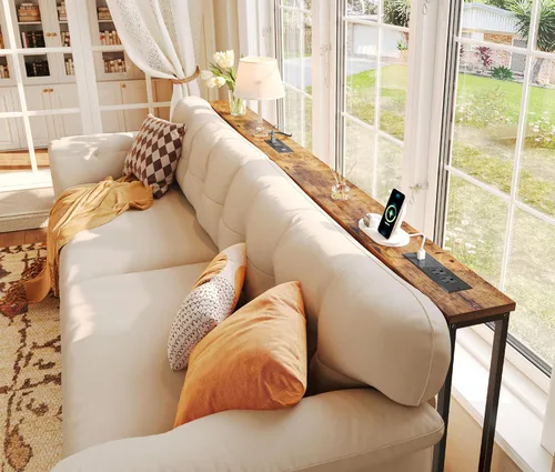 Vista 6 de SUPERJARE - Juego de 2 mesas consola estrechas de 78.8 pulgadas con tomacorrientes, mesa larga para poner detrás del sofá, entradas, sala de estar