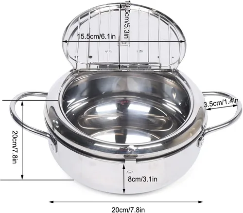 Vista 4 de Olla para freír Tempura - Olla de acero inoxidable 304 para alimentos fritos de 2.2 litros con medidor de temperatura y estante de drenaje de aceite