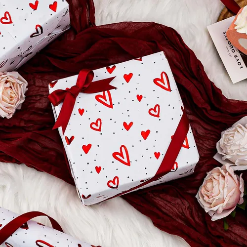 Vista 3 de Homeral Rollo de papel de regalo de estraza en relieve, papel de regalo de lujo en 3D con corazón de papel de aluminio rojo para el día de San