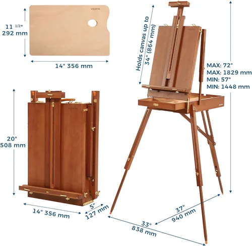 Vista 2 de VISWIN Caballete francés para pintar con paleta, correa para el hombro y almacenamiento, caballete de madera de haya ajustable para viajes