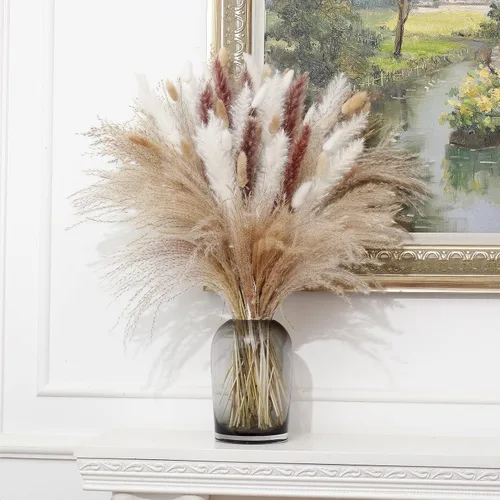 Vista 6 de 70 piezas de hierba seca de las pampas de 17 pulgadas, ramo de pompas blancas esponjosas y secas con colas de conejo, flores pequeñas