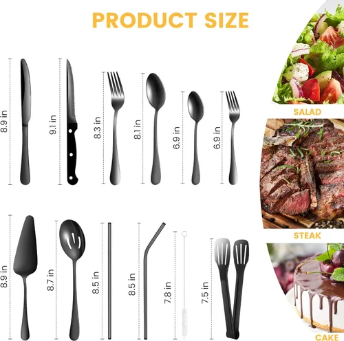 Vista 2 de Juego de cubiertos negros de 69 piezas con cuchillo de carne para 8, cubiertos de acero inoxidable, cucharas y tenedores de pulido de espejo