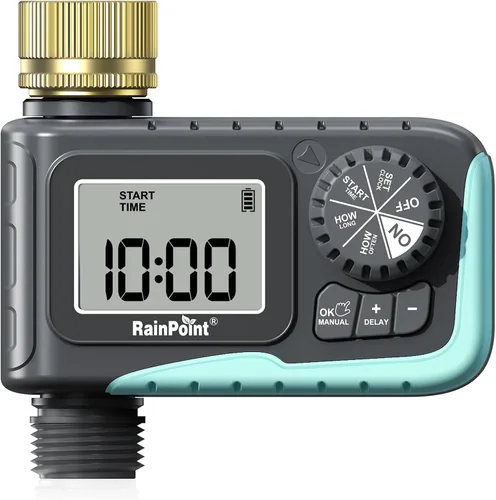 Temporizador de aspersor RAINPOINT con pivote de latón, temporizador de agua programable para manguera de jardín con retardo por lluvia/riego