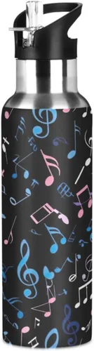 Colorful Musical Notes Insulated Stainless Steel Water Bottle with Straw 20 Oz Leakproof Water Bottles, BPA-Free Sports Water Bottle with Straw