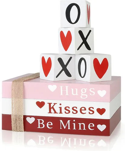 Decoración del día de San Valentín, pila de libros de madera con 4 letreros XOXO, decoraciones del día de San Valentín para el hogar, bandeja