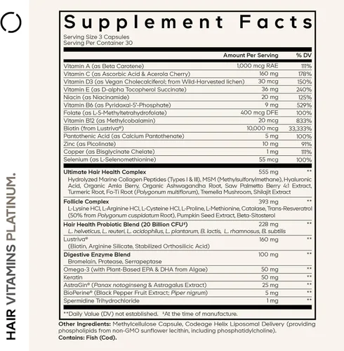 Vista 2 de Codeage Vitaminas para el cabello Platino – Lustriva Apoyo al crecimiento del cabello, espermidina, asstragina, biotina, queratina, colágeno