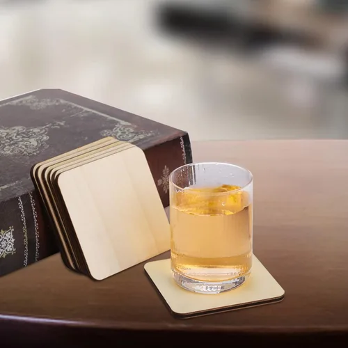 Vista 4 de ZEAYEA 50 piezas cuadradas de madera sin acabar, posavasos cuadrados de madera de 4 x 4 pulgadas, azulejos de madera para posavasos, rebanadas