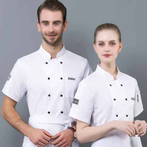 Vista 2 de Chaqueta de chef unisex con doble botonadura, ligera, de manga corta, para servicio de cocina, uniforme de trabajo