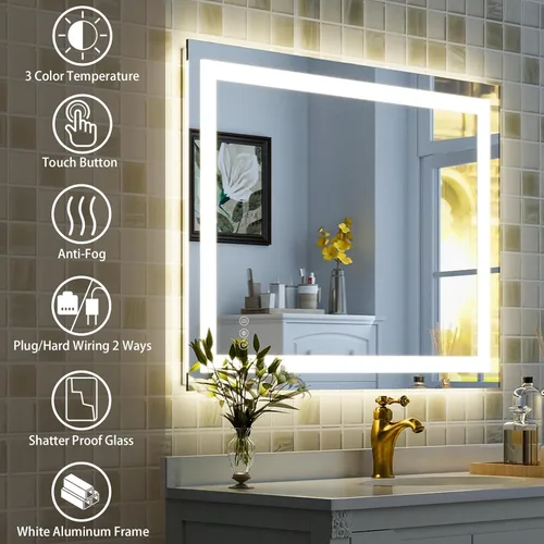 Vista 4 de XRAMFY Espejo de baño LED de 38 x 26 pulgadas con luces, espejo de pared con luz delantera y trasera, espejo de tocador de 3 colores con luces