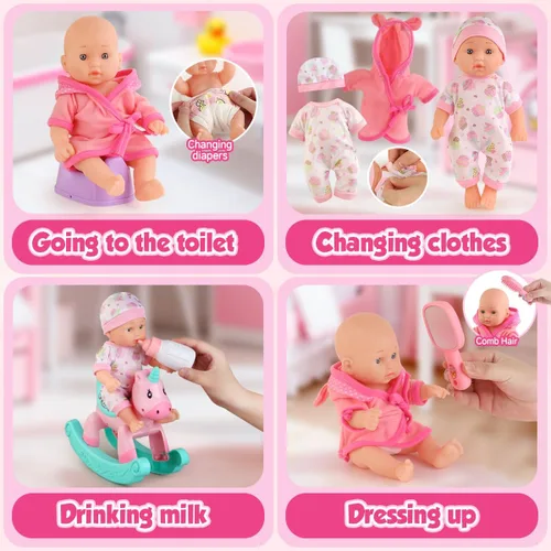 Vista 6 de Juego de juguetes de baño para muñecas con bañera, muñecas de bebé de 11 pulgadas, mecedora, anillo de natación, 2 juegos de ropa de muñecas y 15