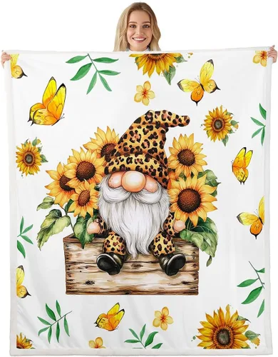 Erosebridal Gnomes Fleece Blanket,Sunflower Butterflies Throw Blanket 40x50 Inch for Bedroom Living Rooms Sofa Couch,Spring Dwarf Fuzzy