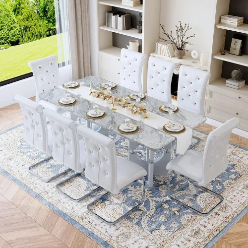 Vista 24 de Mesa de comedor moderna para mesa de comedor de mármol sintético blanco de 6, 8, 71 pulgadas, con patas negras y doradas, mesa de cocina rectangular